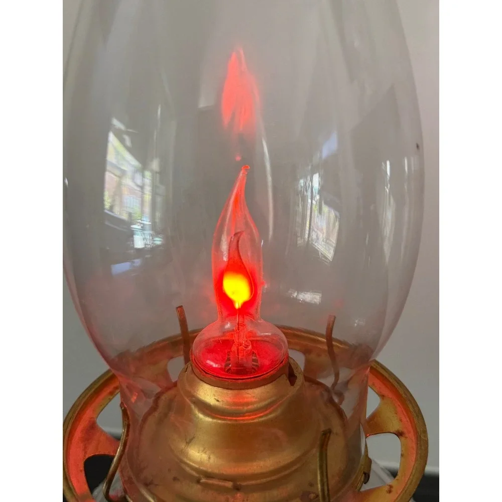 Vintage Electric Hurricane Lamp Floral Milk Glass Hobnail Clear Red Flame Bulb